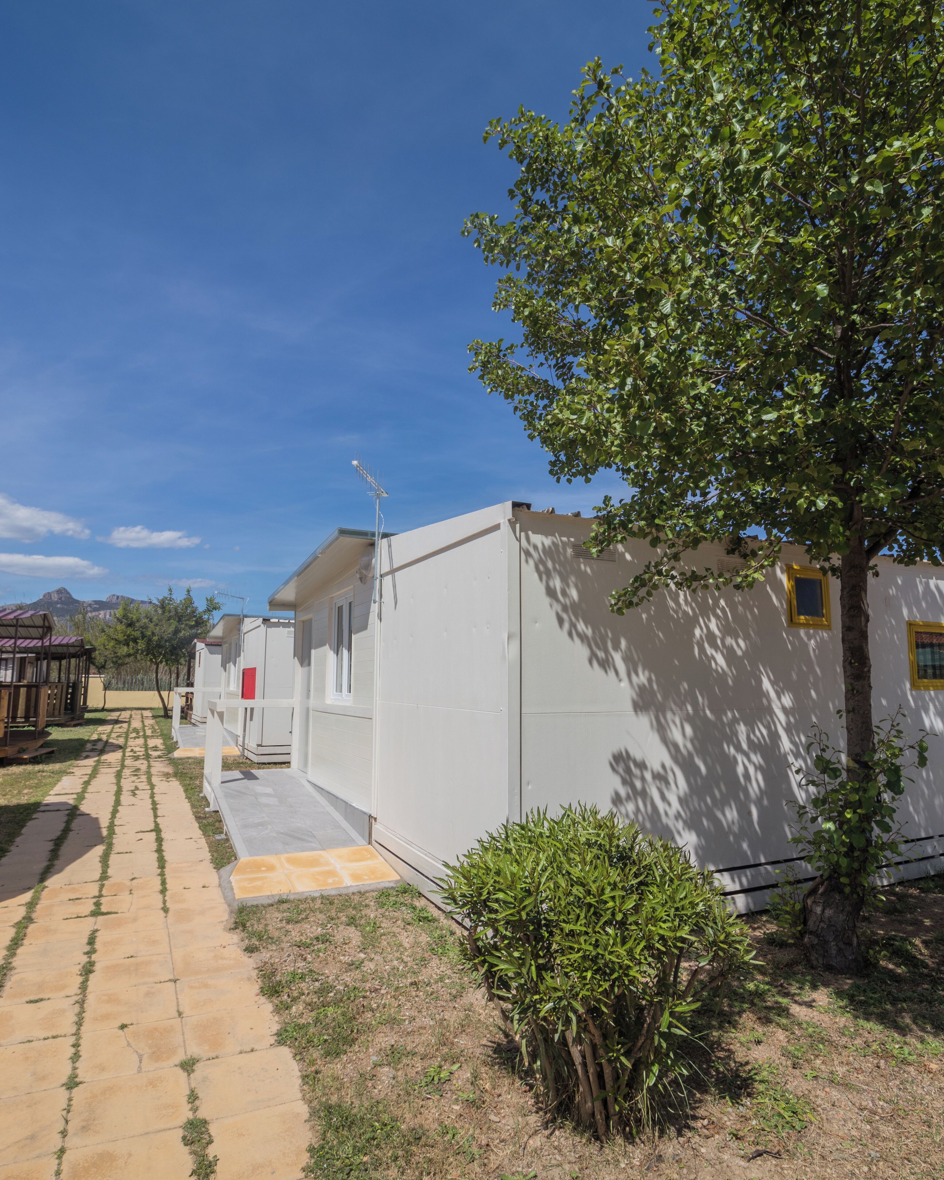 A residential area with a paved walkway, white buildings, a tree, and a mountain in the background.