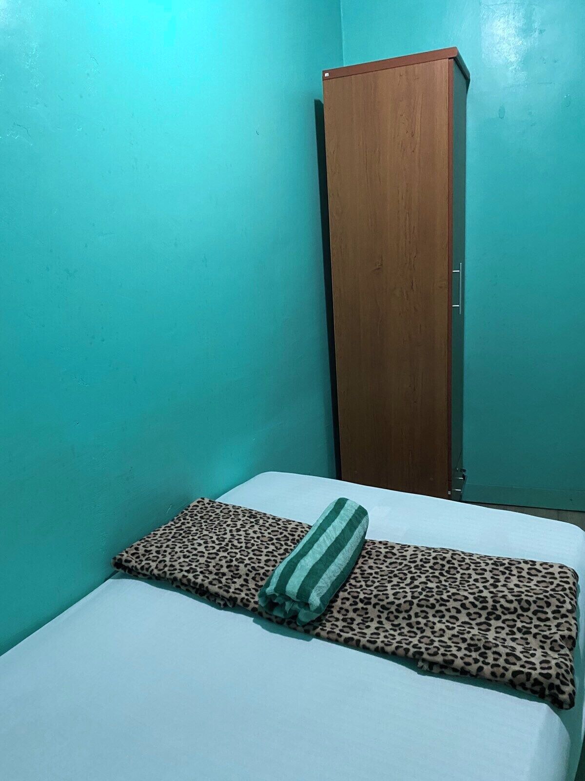 Una habitación pequeña con paredes verde azulado, un armario de madera y una cama con ropa de cama de estampado de leopardo.