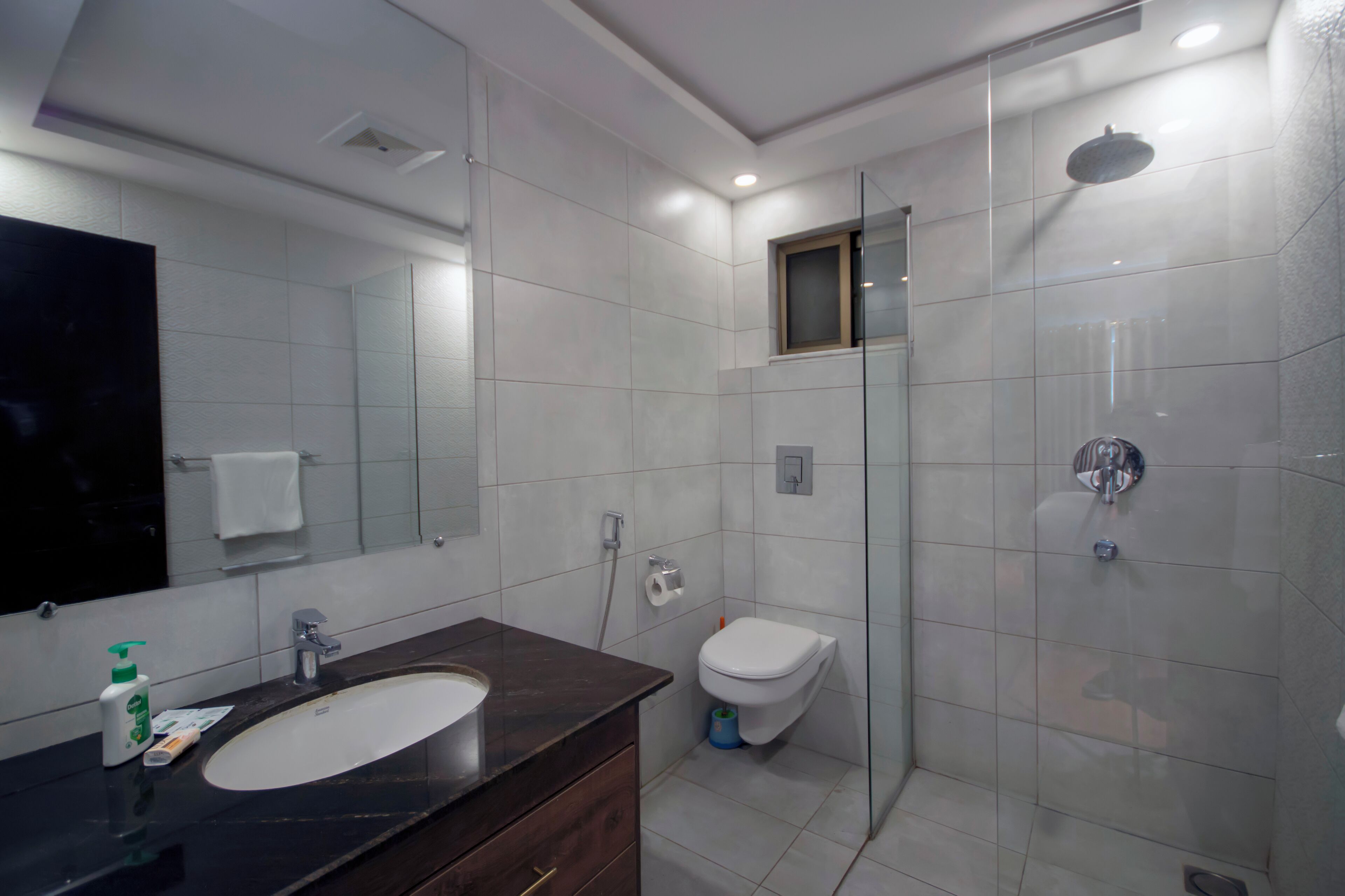 A modern bathroom with a glass-enclosed shower, a white toilet, and a dark-toned vanity with a sink.