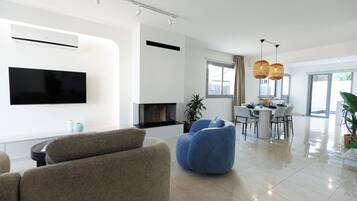 Smart TV, fireplace, computer monitors