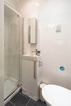 A bathroom with a glass-enclosed shower, a white sink, and a toilet.