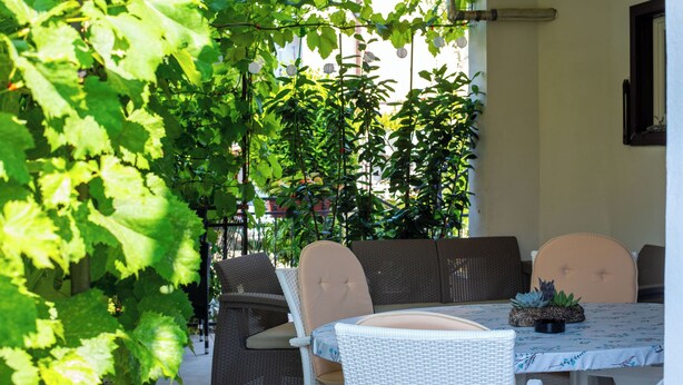 Une terrasse extérieure avec des meubles en osier, une table recouverte d’une nappe à motifs et une plante en pot posée sur la table.