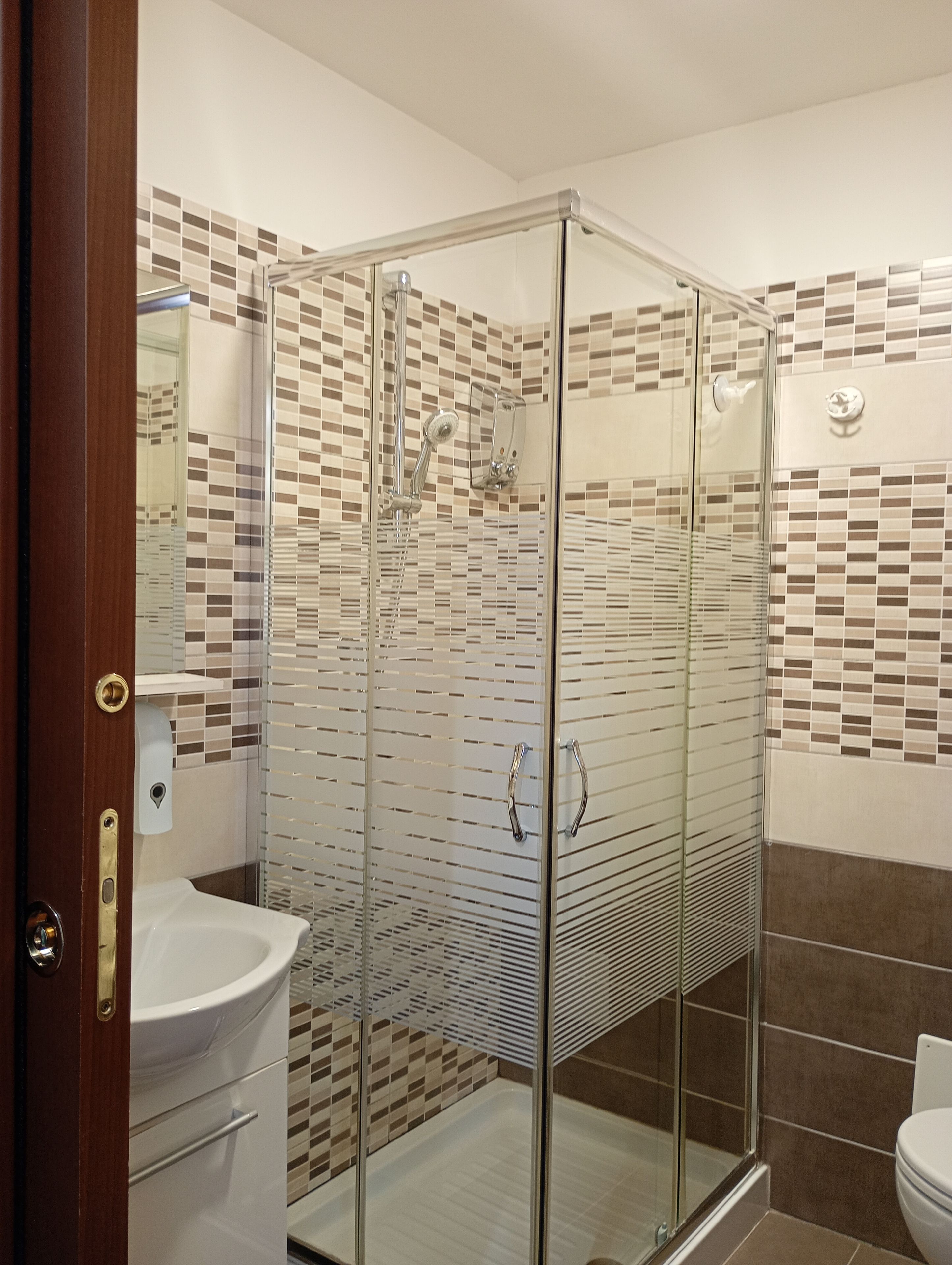 Un baño moderno con ducha envuelta en vidrio, lavamanos blanco y un inodoro.