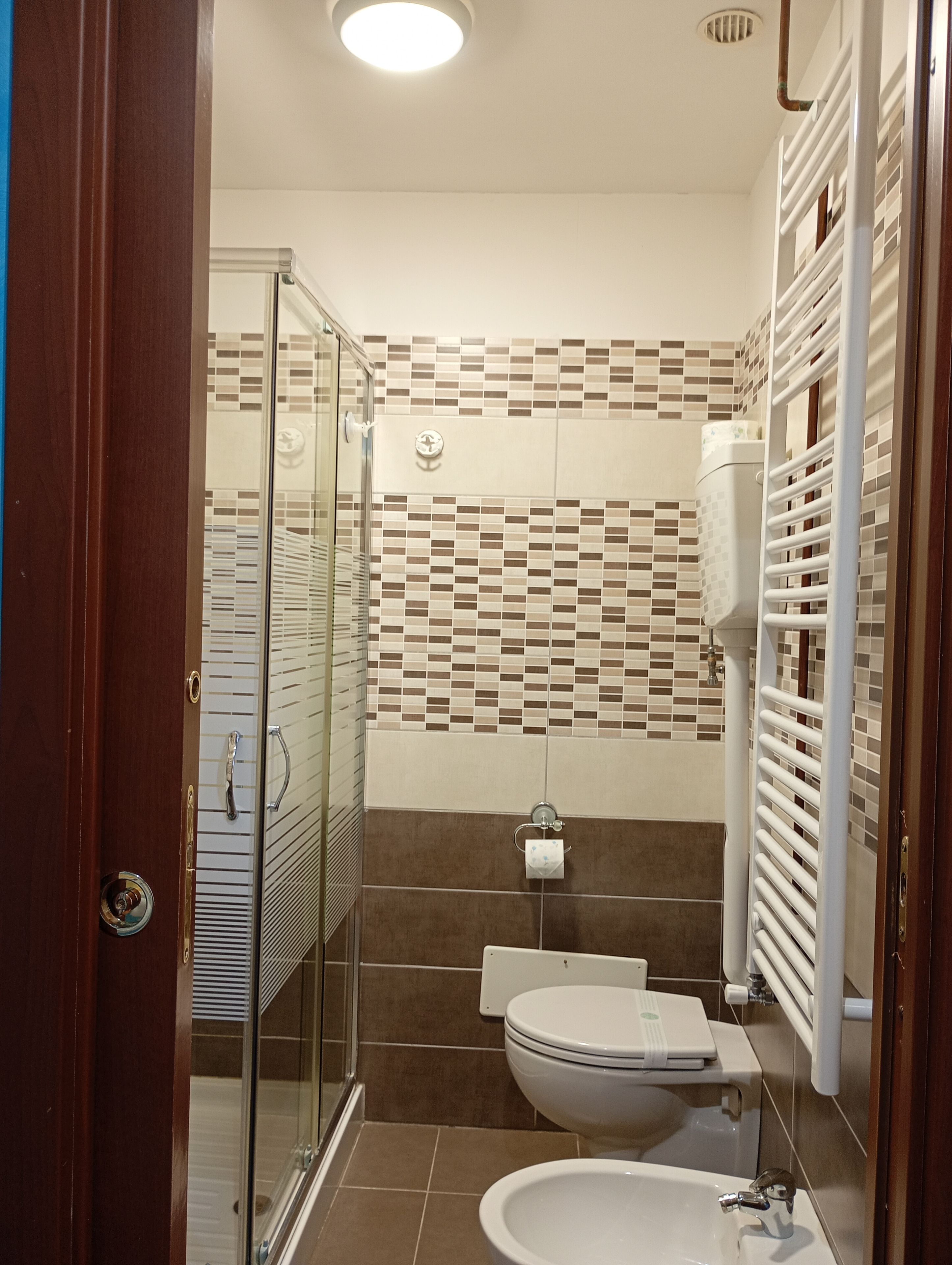 A bathroom with a glass shower enclosure, a toilet, and a sink.