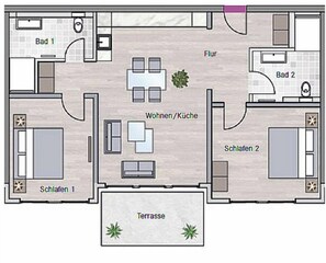 A floor plan of a hotel with two bedrooms, a living/dining area, a terrace, and a bathroom.
