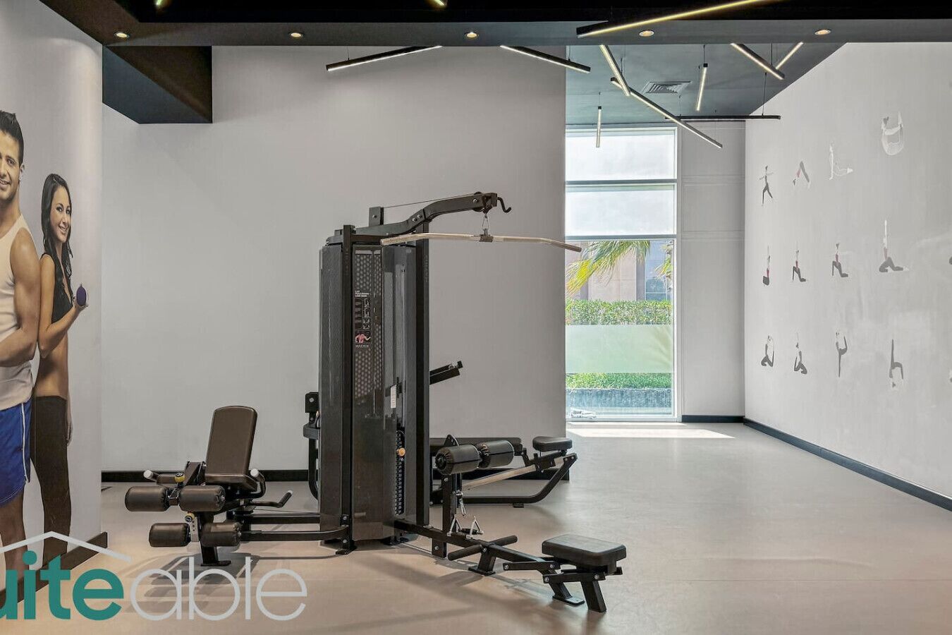 Een moderne sportschool met trainingsapparatuur, een bankje en een muur met silhouetten van sporters.
