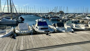 A marina with numerous boats docked, a wooden pier, and a clear blue sky.