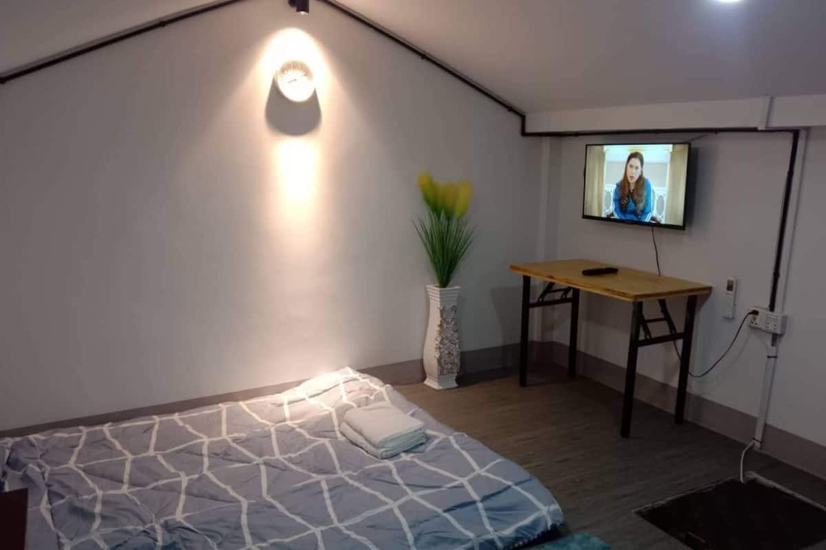 A bedroom with a bed, a desk, a TV, and a potted plant.