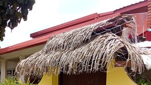 Une maison avec une entrée surmontée d’un toit de chaume, une porte en bois et un mur jaune.