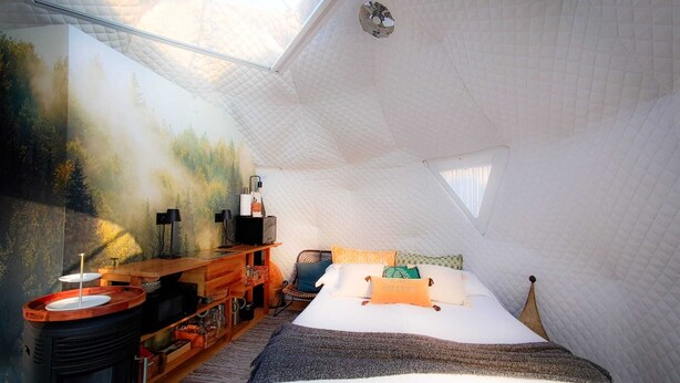 Een gezellig slaapkamer op zolder met een groot bed, een houten bureau, een open haard en een muurschildering.