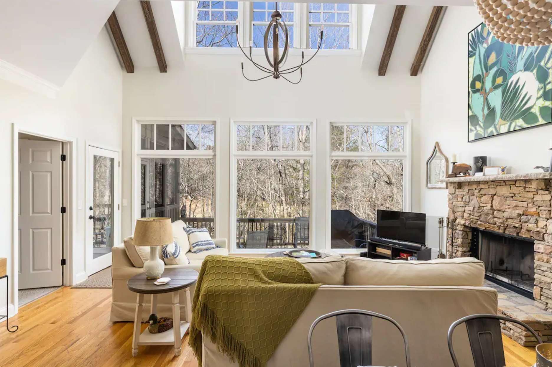 TV, fireplace, books