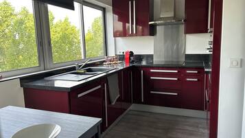 Een microgolfoven, een oven, een kookplaat, een vaatwasser