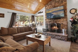 Comfort Cabin, 3 Bedrooms, Fireplace, Lake View | Living room | 49-inch Smart TV with digital channels, fireplace