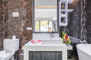 Hair dryer, towels, soap, toilet paper