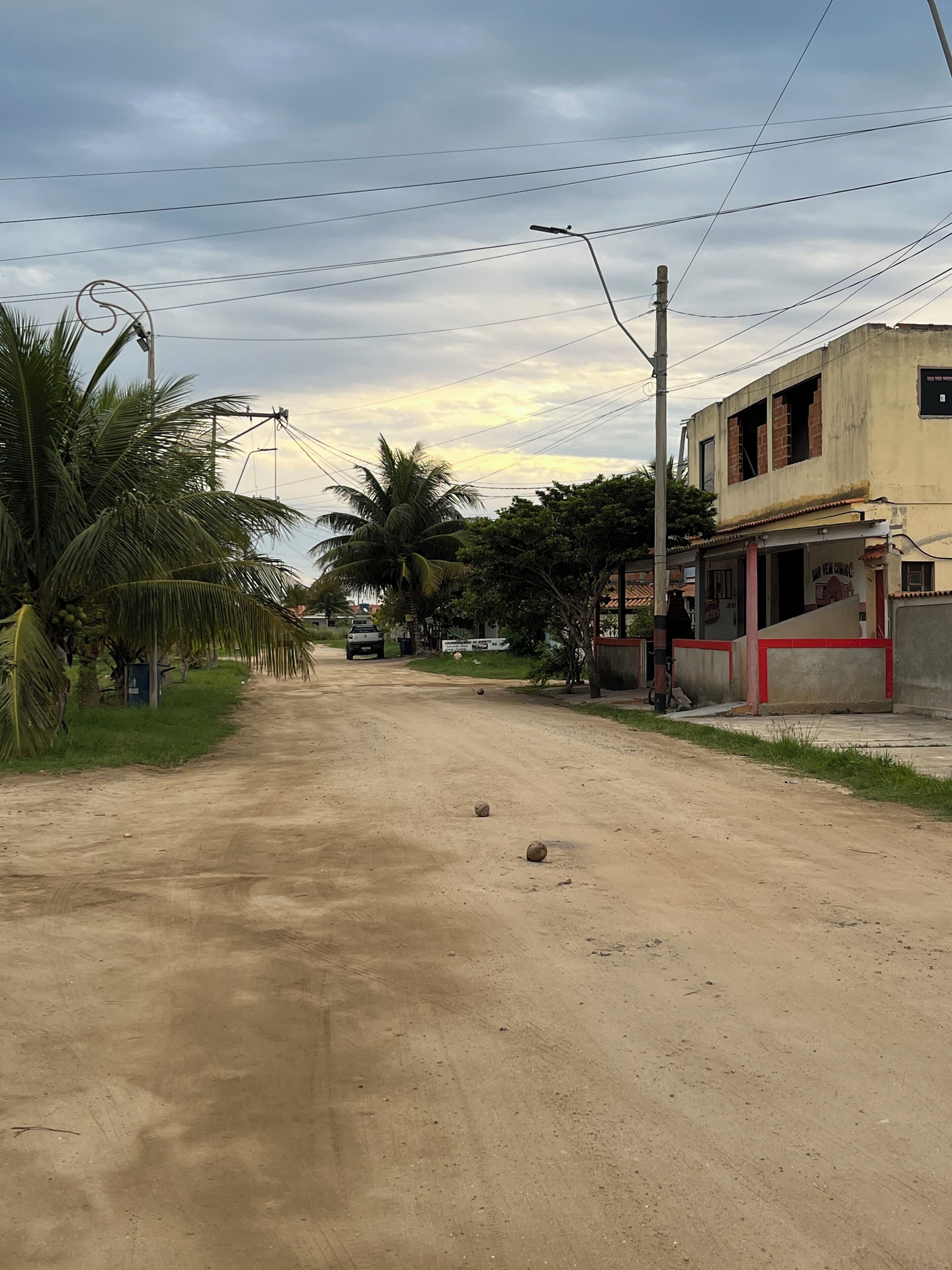 Uma estrada de terra com um edifício à direita, uma palmeira à esquerda e um céu nublado.