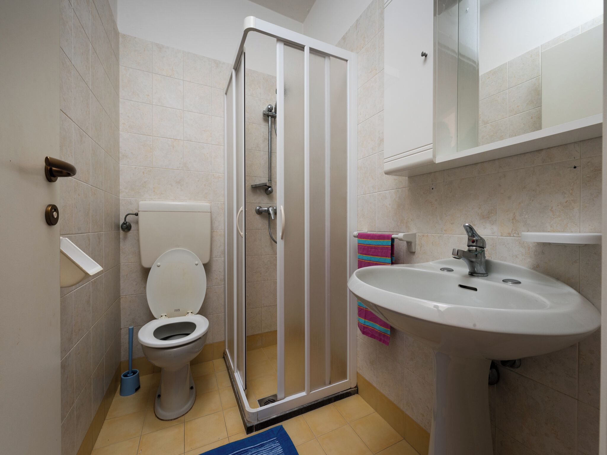 Un baño con inodoro, ducha, lavabo y espejo.