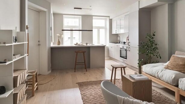 Un apartament modern amb cuina, zona de menjador i saló. Té un finestral gran, un sòl de fusta i una paleta de colors blanca.