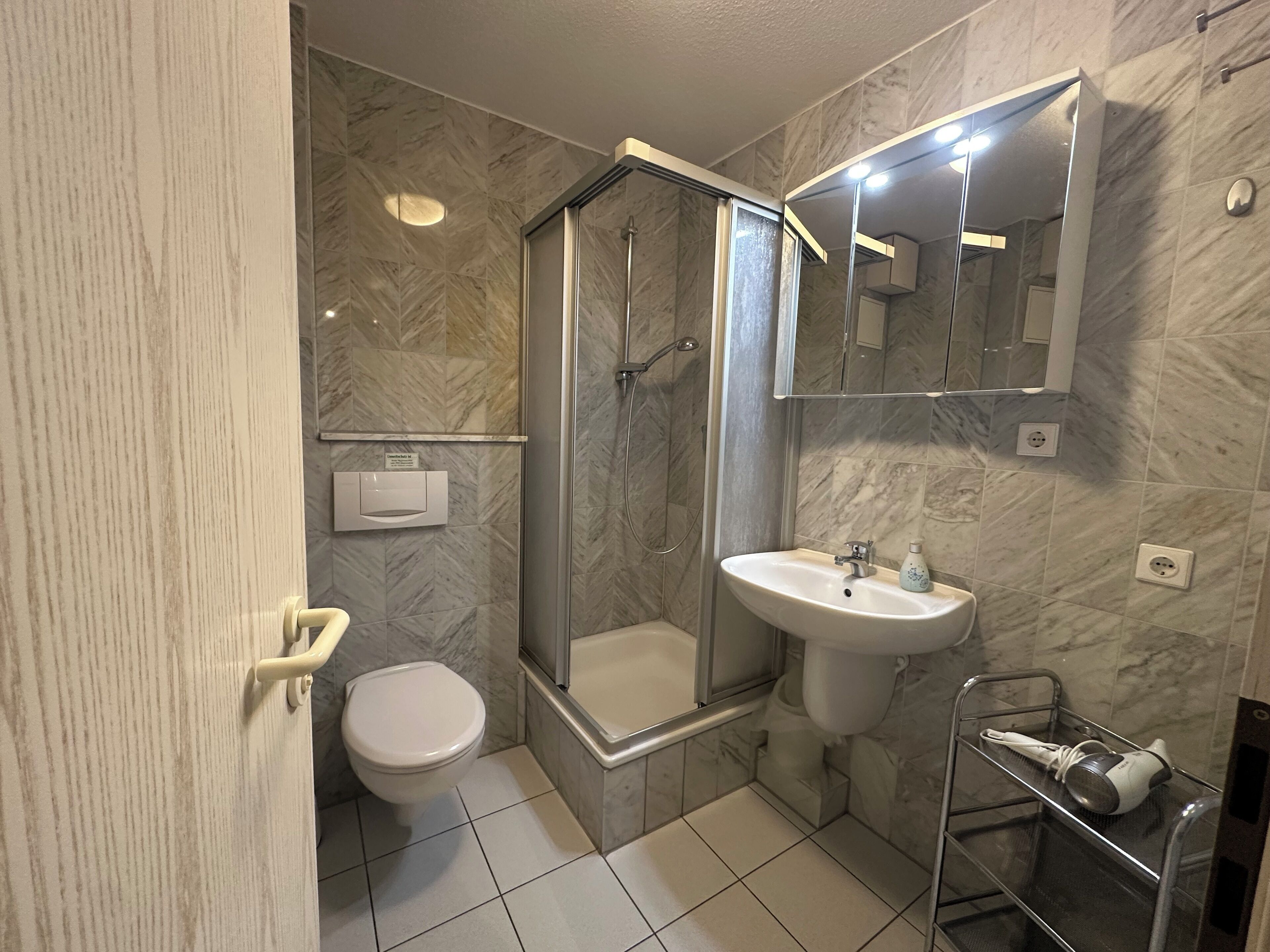 A bathroom with a toilet, a glass-enclosed shower, a sink, and a mirror.