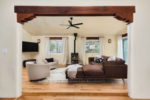 TV, fireplace, books, offices