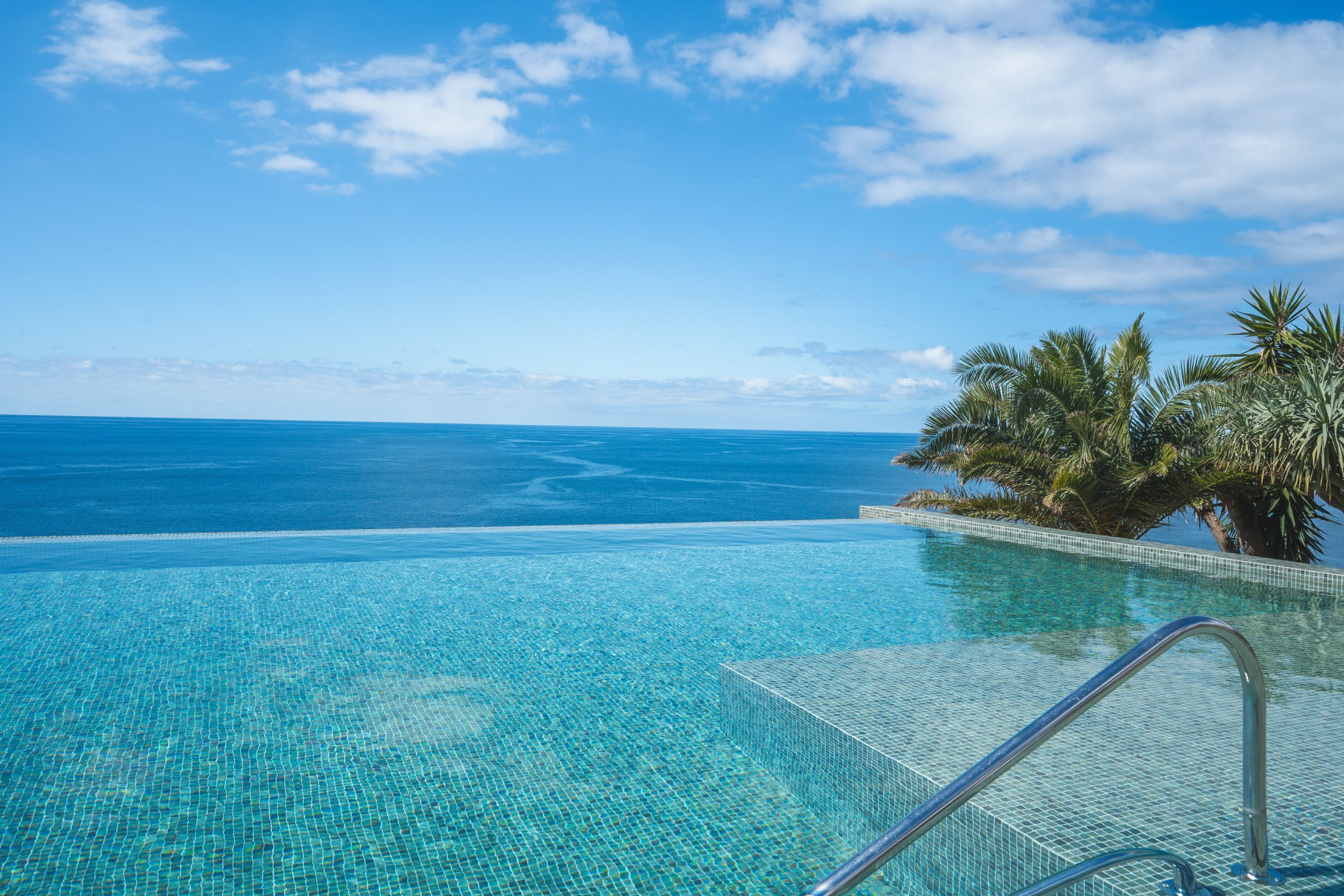 A clear blue pool with a view of the ocean and palm trees.
