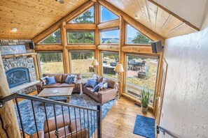 Televisio, takka, stereot, työhuone