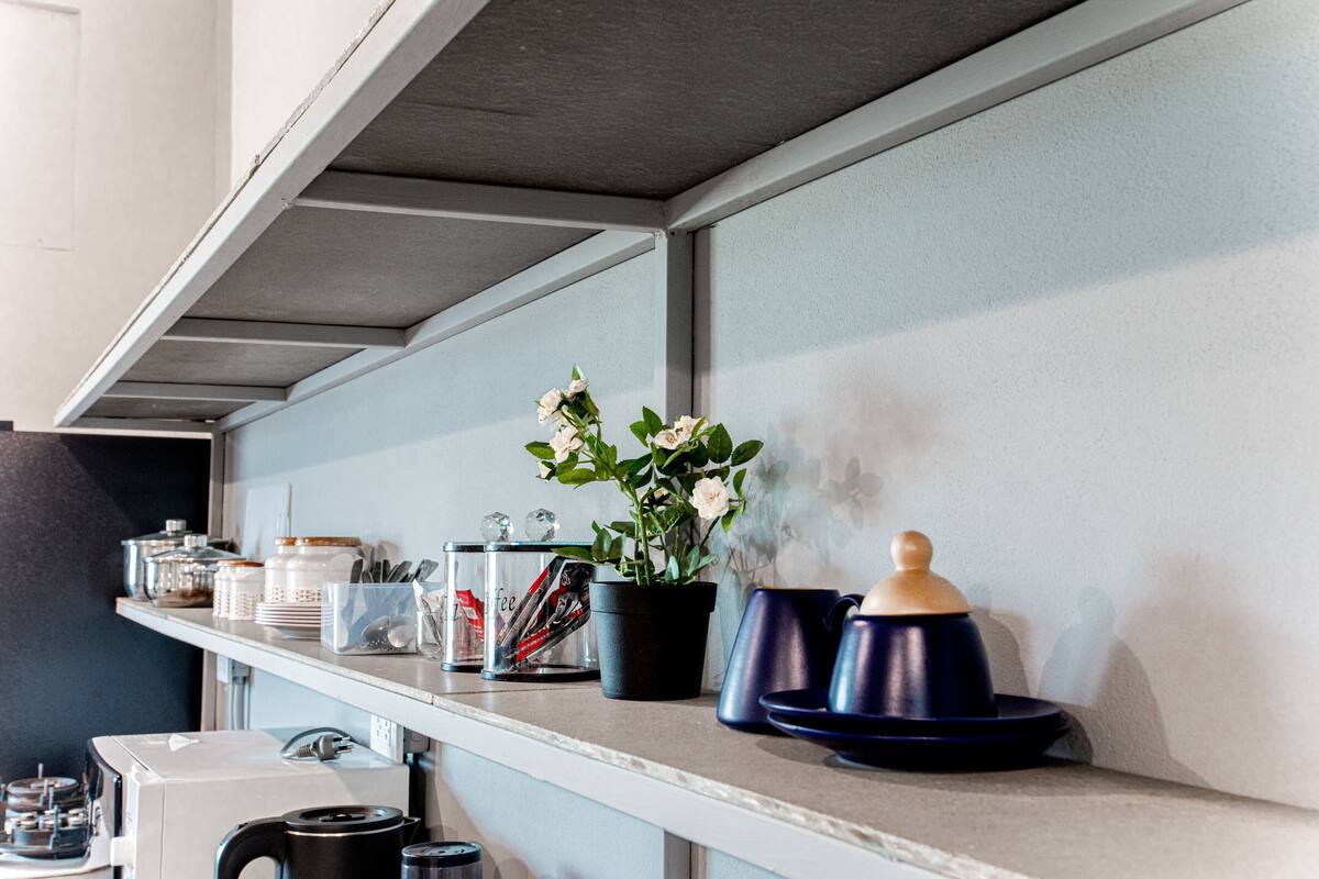 A kitchen counter with a potted plant, coffee pots, and kitchen utensils.