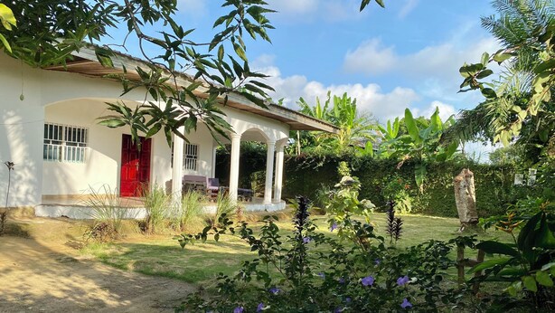 Ein weißes Haus mit roter Tür, einer Veranda und einem Garten mit verschiedenen Pflanzen und Blumen.