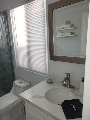 Shower, hair dryer, towels, soap