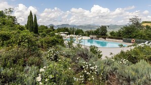 A pool surrounded by lush greenery and mountains in the background. - Tenuta Borgo San Michele (Gubbio)
