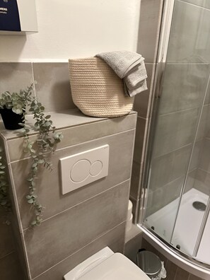 Dusche, Haartrockner, Handtücher, Seife