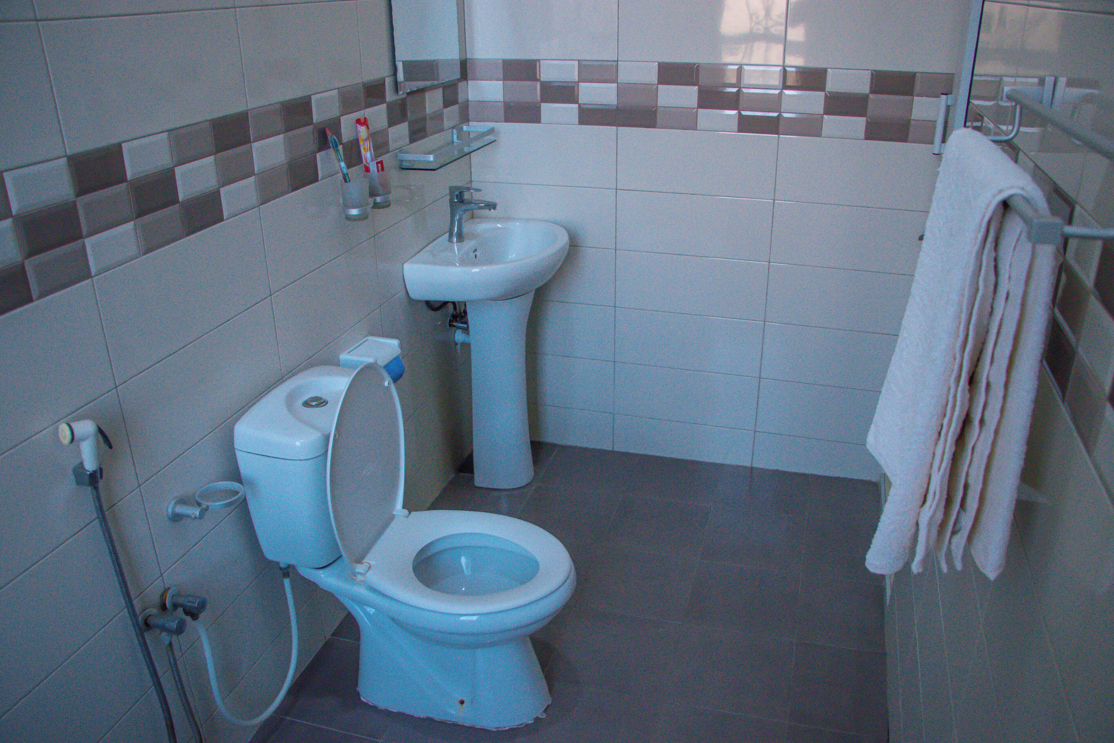 Une salle de bain équipée de toilettes, d’un bidet et d’un lavabo.