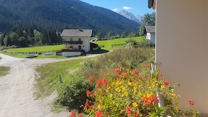 A white building with a balcony, surrounded by a green landscape and mountains in the background. - Apartment-Bergblick 80 m2 for up to 6 people (Arnbach)