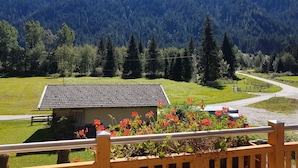 A rural house with a tiled roof, surrounded by a green field and a forested mountain range. - Apartment-Bergblick 80 m2 for up to 6 people (Arnbach)