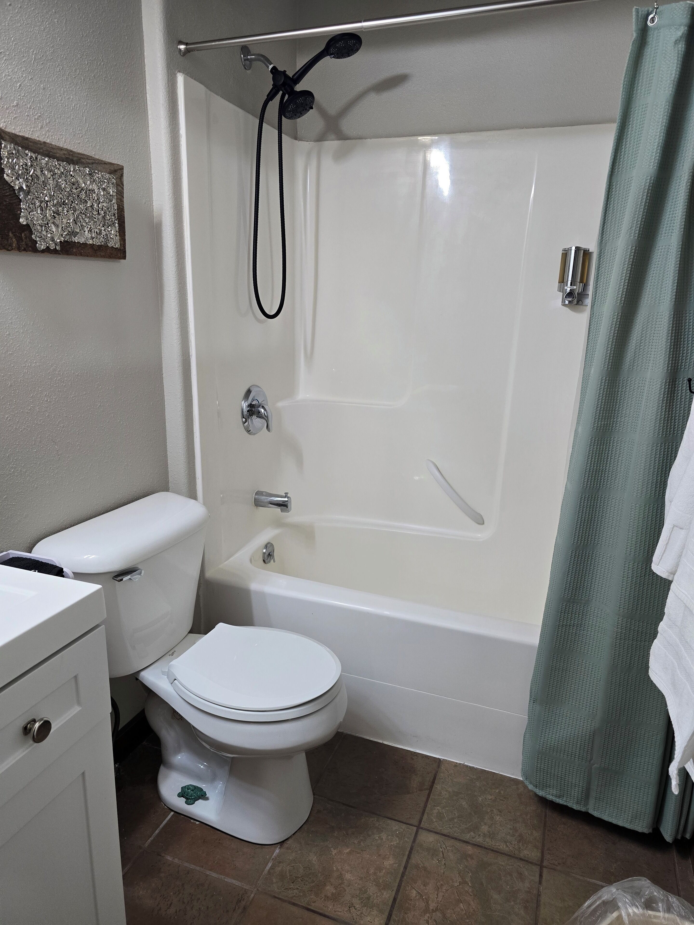 Hair dryer, towels, soap, toilet paper