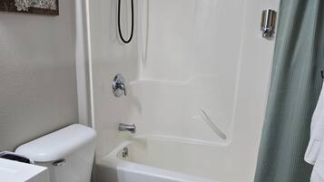 Hair dryer, towels, soap, toilet paper