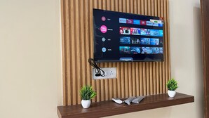 A flat-screen TV mounted on a wooden wall with a shelf below displaying two potted plants and a remote control. - Raghav ji home stay (Orchha)