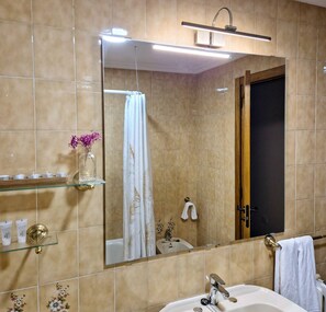Hair dryer, bidet, towels, soap