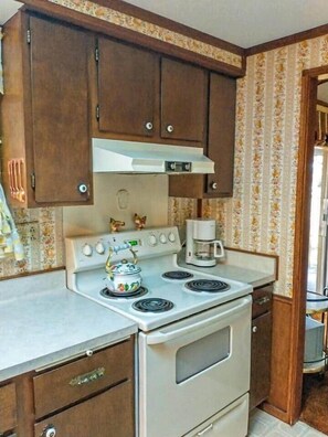 Fridge, oven, stovetop, coffee/tea maker