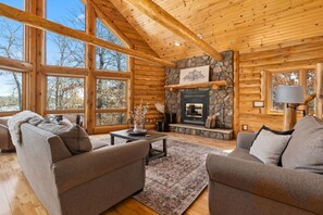 Una Smart TV, una chimenea, un reproductor de DVD, libros