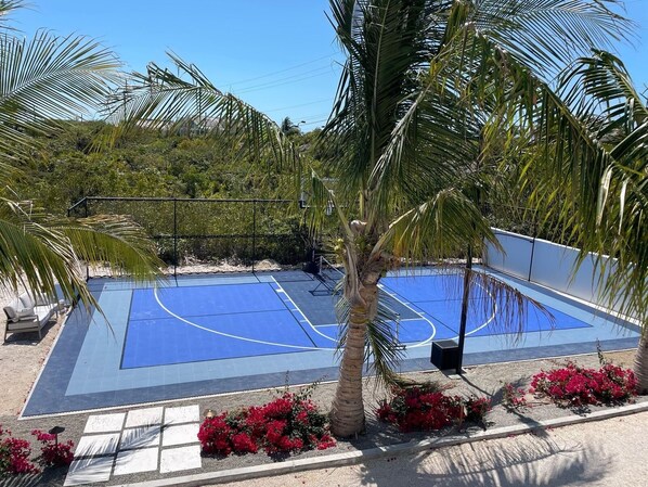 An outdoor basketball court surrounded by palm trees and red flowers.
