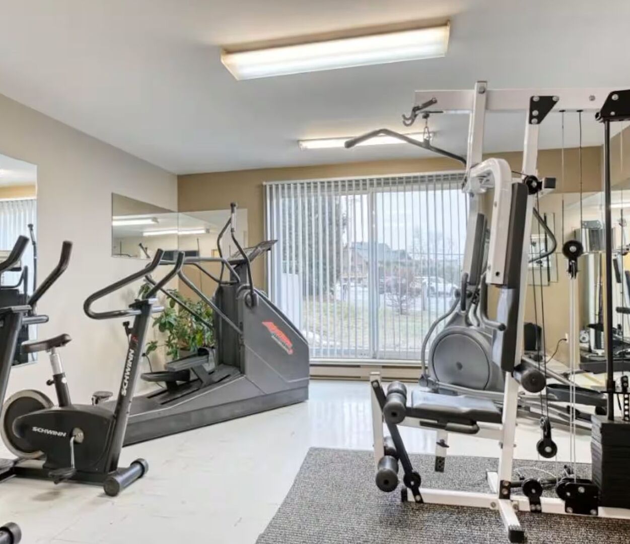 A gym with cardio machines, weightlifting equipment, and a large window with blinds.