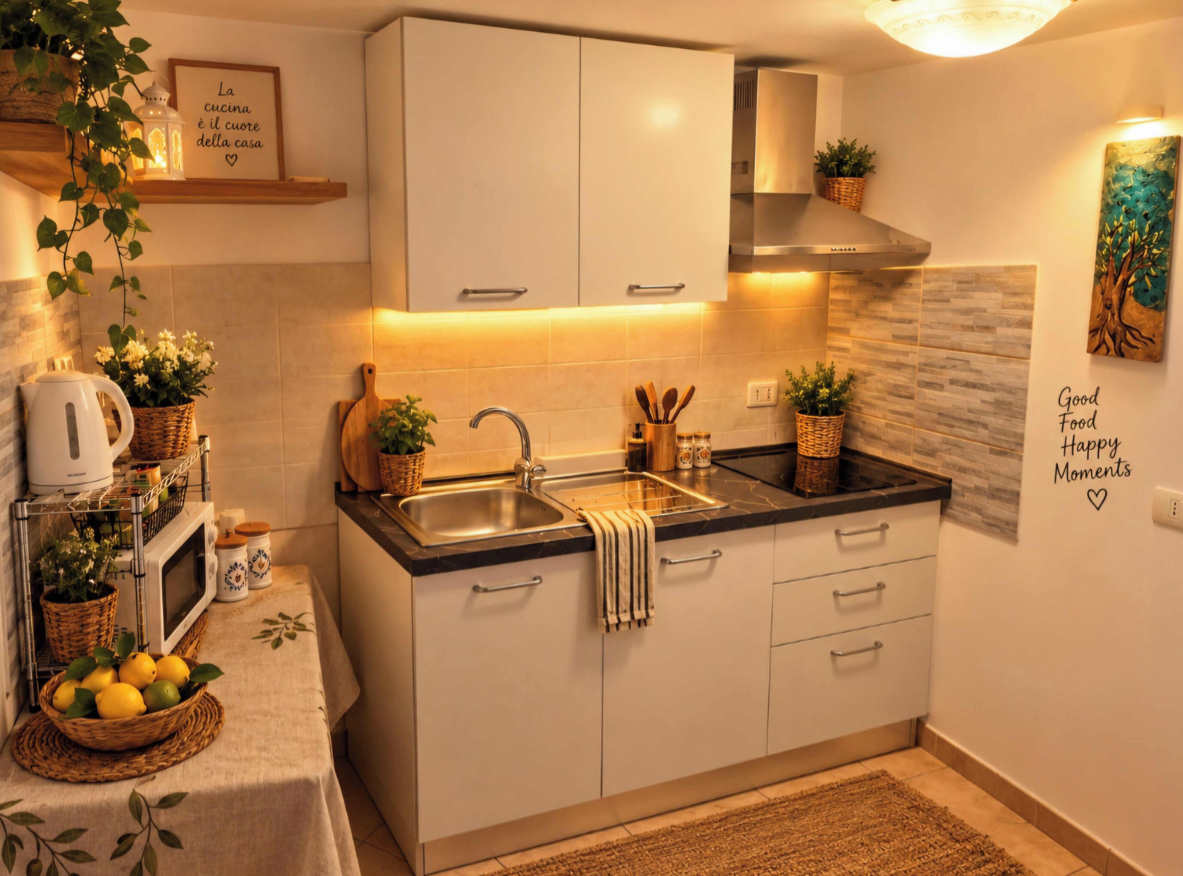 A modern kitchen with white cabinets, a stainless steel sink, and a black countertop. There are potted plants on the counter and a wall-mounted light fixture.