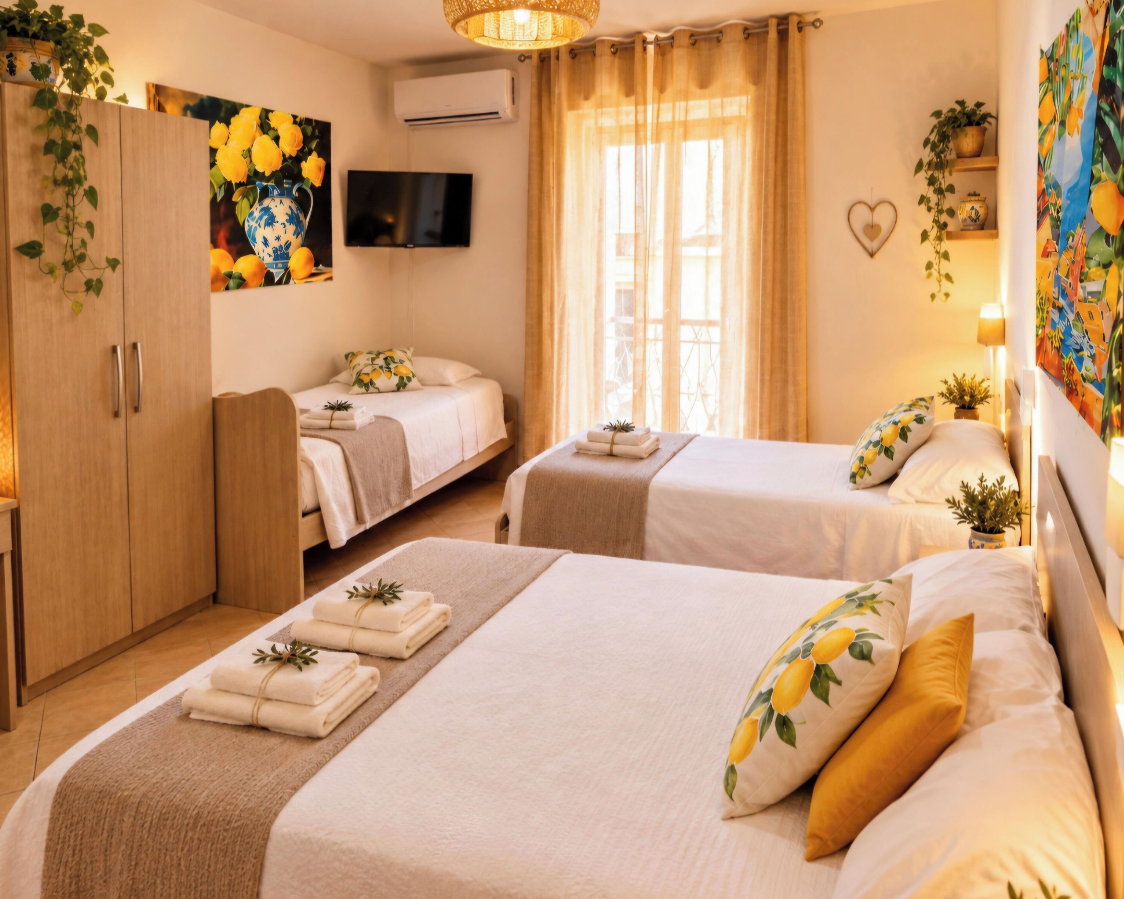 Habitación de hotel con dos camas, un televisor y un cuadro de flores.