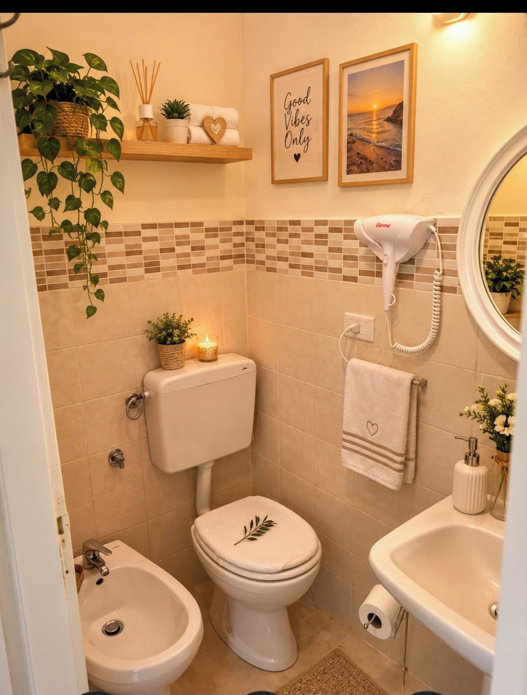 Un bagno con il water, bidet e lavandino, un asciugacapelli, un quadro incorniciato e uno scaffale con piante e una candela.