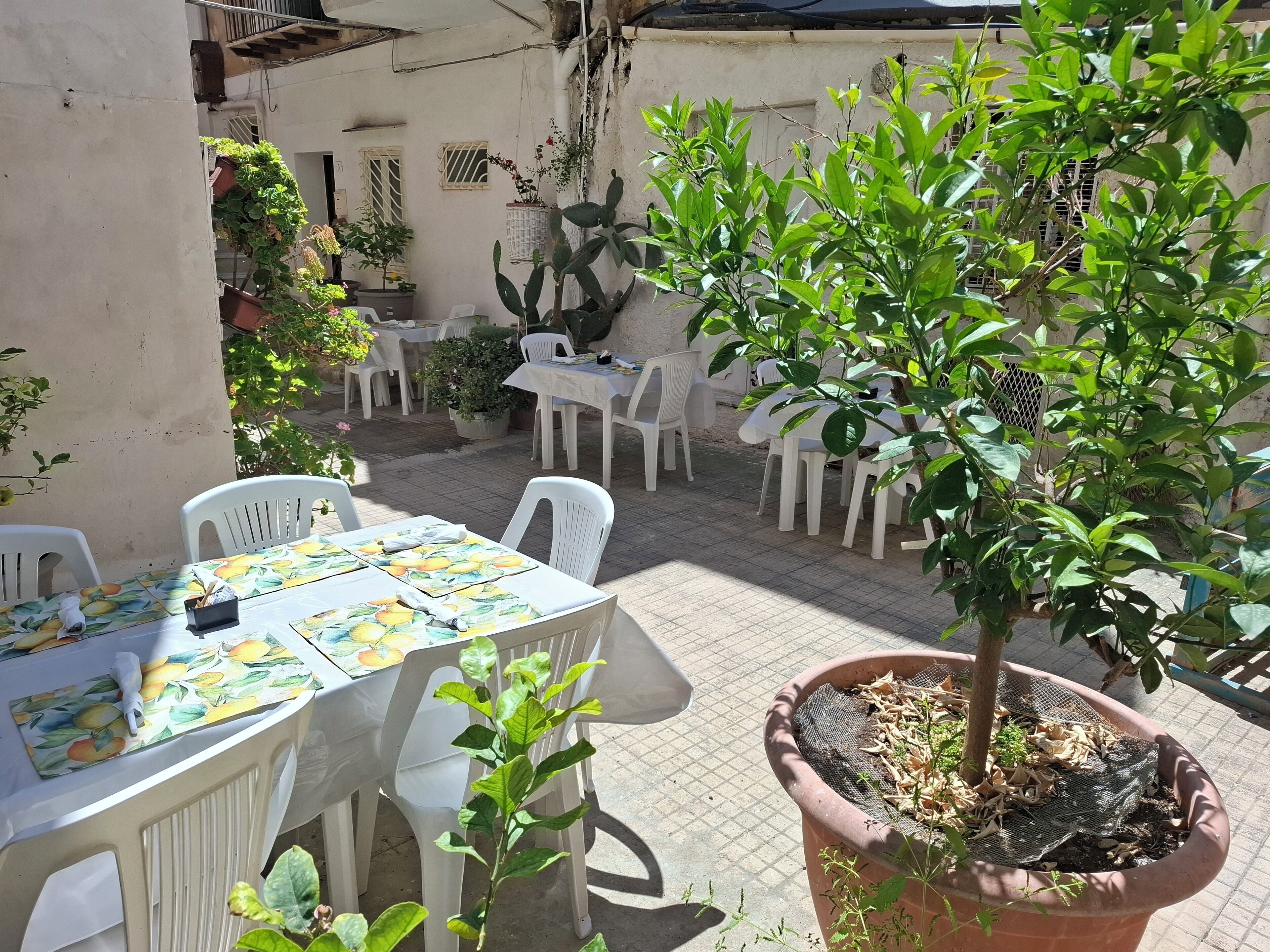 Un patio al aire libre con mesas y sillas, rodeado de macetas con plantas y un árbol pequeño.