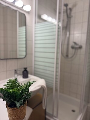 Dusche, Haartrockner, Handtücher, Seife