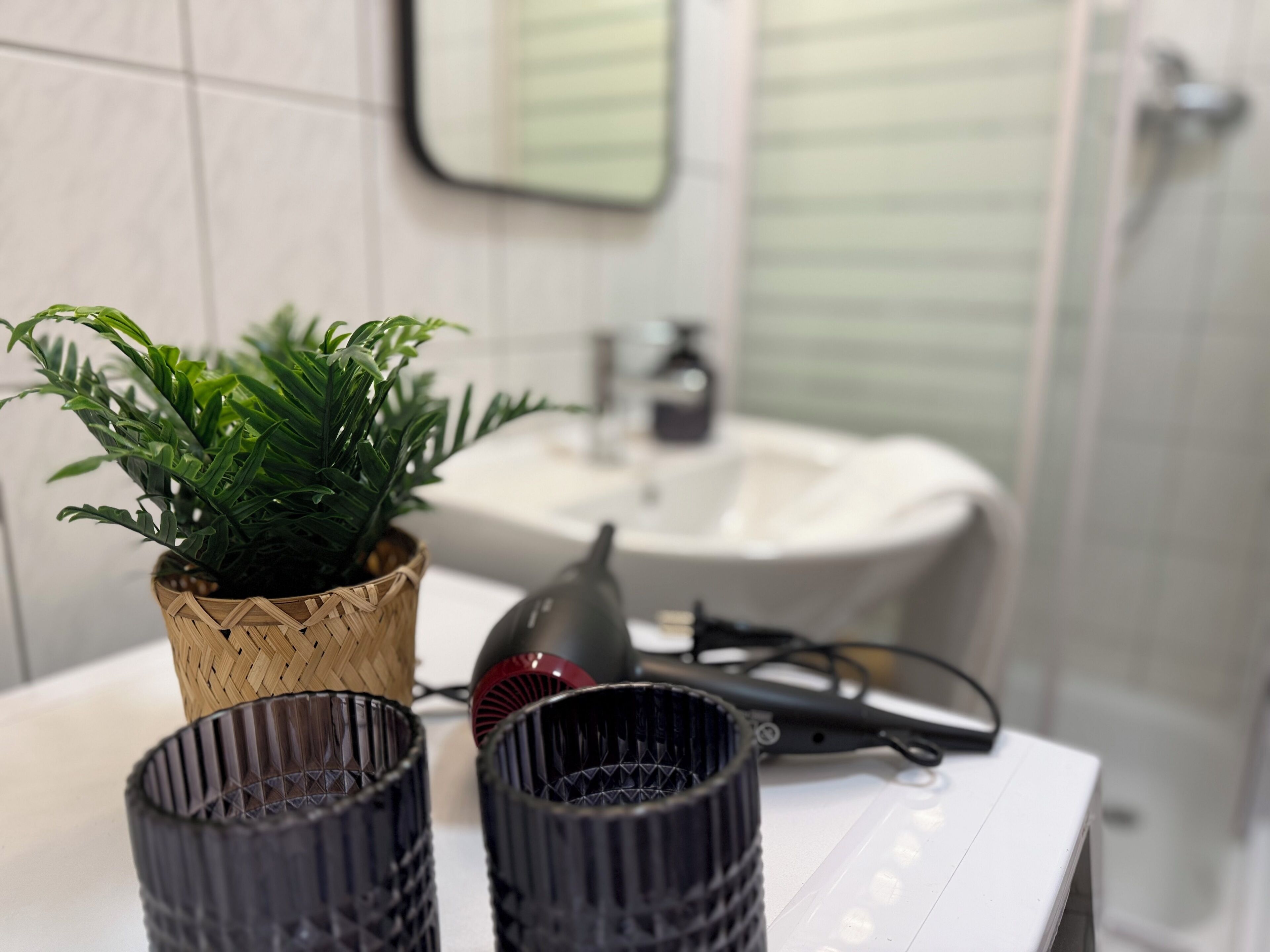 Dusche, Haartrockner, Handtücher, Seife