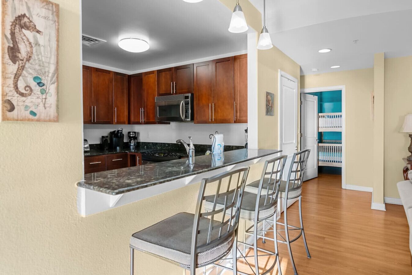 Microwave, dishwasher, cookware/dishes/utensils