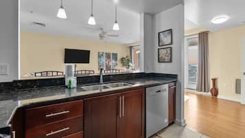 Microwave, dishwasher, cookware/dishes/utensils