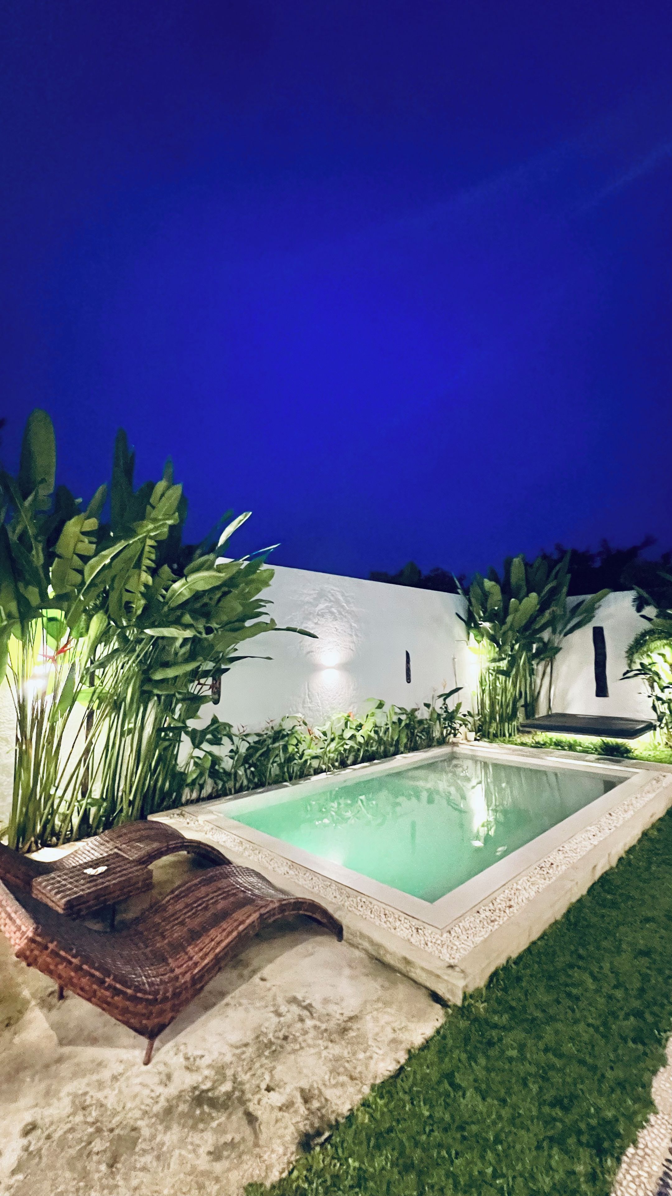 A swimming pool with a tiled edge, surrounded by greenery and a white building in the background.